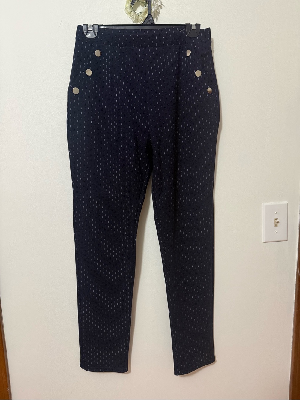 High-Rise Navy Pinstripe Button-Accent Pants